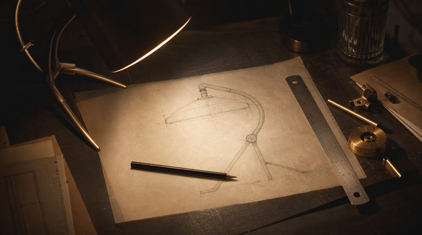 Croquis d'une lampe au crayon sur une feuille posée sur un établi sombre, règle en acier et pièces de laiton autour, éclairés par une lampe d'atelier