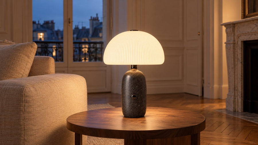La lampe Carrara allumée sur une table d'appoint en noyer, dans un salon parisien au crépuscule : le dôme en verre strié diffuse la lumière en fines bandes verticales au-dessus du pied en marbre noir.
