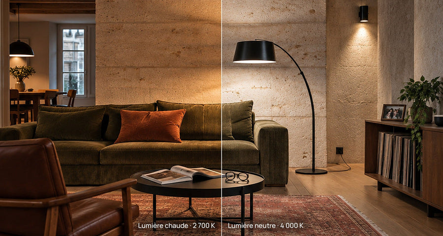 Un même salon coupé en deux : lumière chaude à 2 700 K à gauche, lumière neutre à 4 000 K à droite.