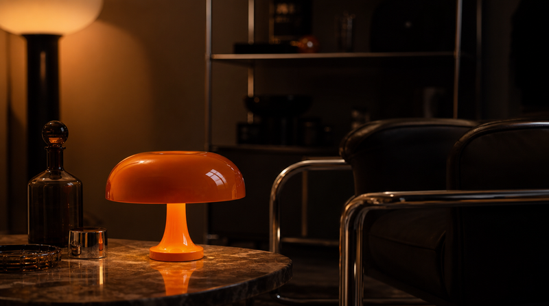 Lampe des années 70 en verre ambré et chrome allumée dans un salon du soir