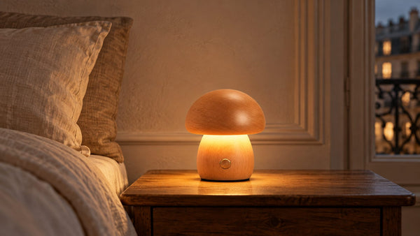 La petite lampe Lido en hêtre allumée sur une table de chevet : la lumière s'échappe sous le chapeau en bois et éclaire le pied.