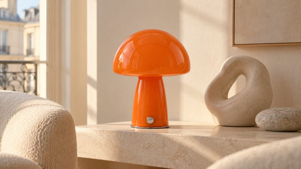 Lampe champignon en verre orange posée éteinte sur une étagère de pierre claire, à côté d'une sculpture aux formes organiques et d'un galet.