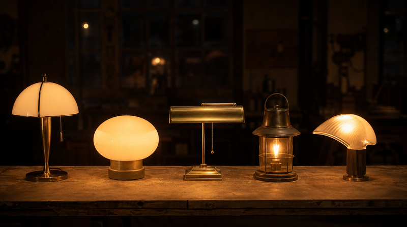 Plusieurs luminaires de styles différents alignés et allumés sur un établi d'atelier au soir