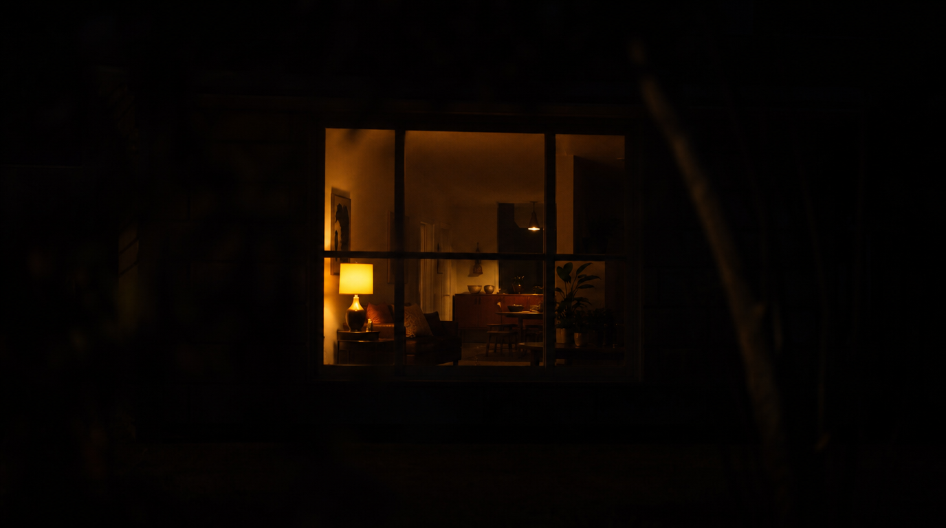 Fenêtre éclairée d'un salon vue depuis la rue la nuit, une lampe à poser allumée près du canapé, le reste de la façade dans le noir
