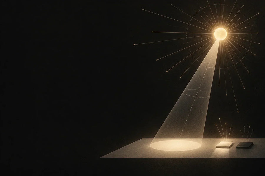 Schéma lumineux : une source rayonne dans toutes les directions et un faisceau éclaire une table, où une surface claire renvoie plus de lumière qu'une surface sombre.