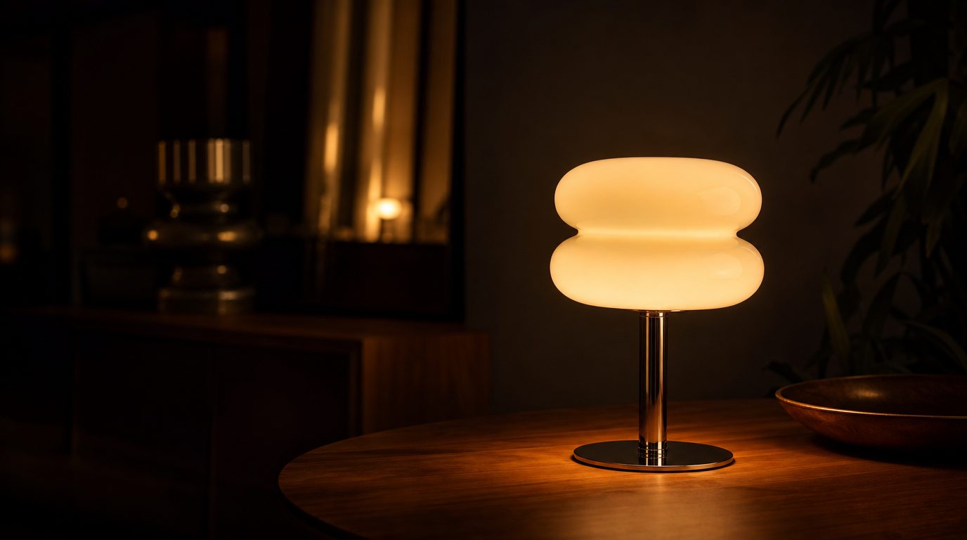 Lampe italienne en verre opalin blanc allumée sur une table, lumière chaude du soir