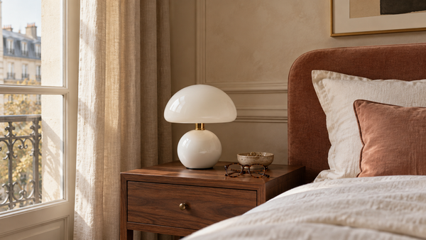 Lampe champignon Vesper blanche sur une table de chevet en noyer dans une chambre lumineuse