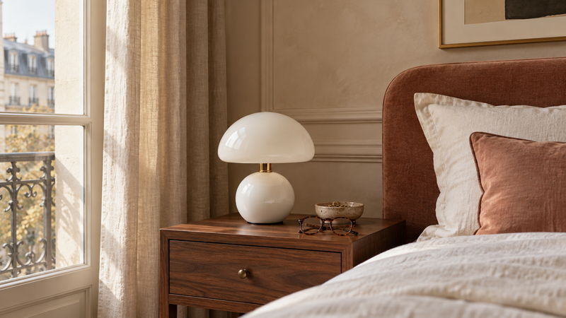 Lampe champignon Vesper blanche sur une table de chevet en noyer dans une chambre lumineuse