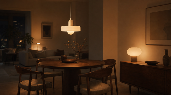 Séjour du soir, une suspension à disque opalin allumée au-dessus de la table ronde et, plus loin sur le buffet, une lampe ronde d'un tout autre style, la même lumière chaude aux deux