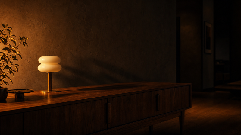 Lampe à dôme de verre opalin posée sur un buffet en noyer, lumière chaude projetée sur un mur de plâtre le soir