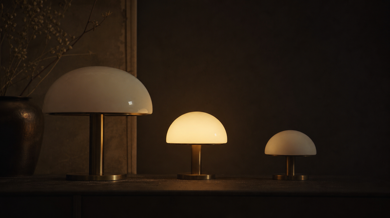 Trois lampes à dôme en verre opalin de tailles différentes, alignées et allumées dans la pénombre