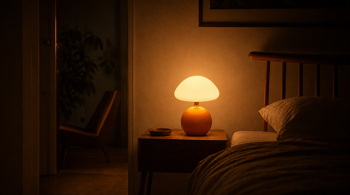 Petite chambre le soir, lampe à dôme opalin et pied orange ambré allumée sur un chevet étroit, le reste de la pièce dans l'ombre