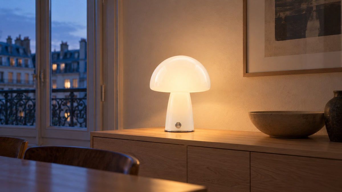 Lampe champignon en verre opalin blanc allumée sur un buffet en chêne clair au crépuscule : tout le verre luit d'une lumière laiteuse et égale.