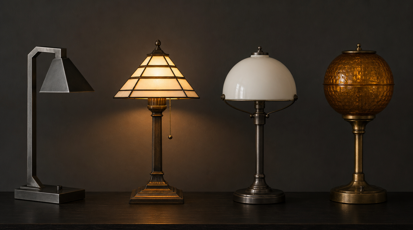 Quatre lampes à poser de formes différentes alignées sur une console sombre, seule la deuxième est allumée