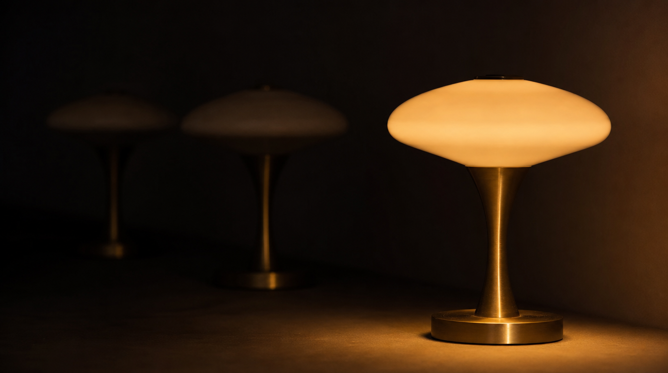 Une même silhouette de lampe répétée trois fois dans la pénombre, seule celle du premier plan est allumée