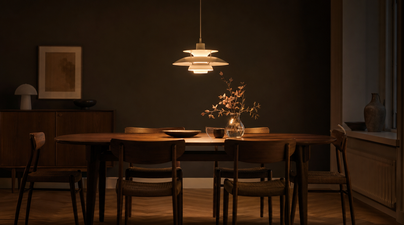 Suspension style scandinave à abat-jour étagés au-dessus d'une table, lumière douce du soir