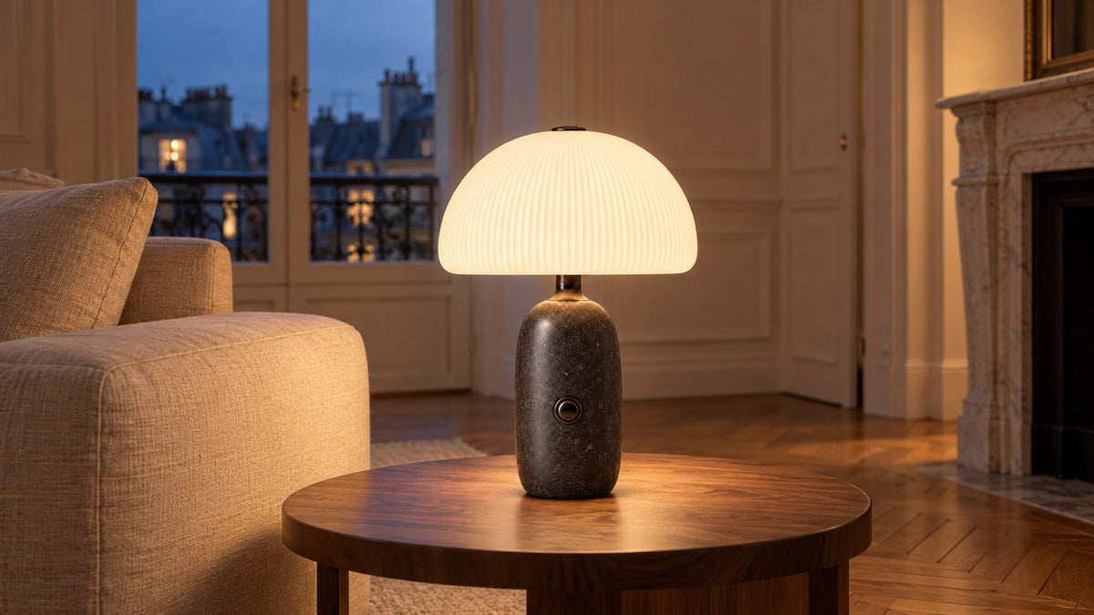 La lampe Carrara allumée sur une table d'appoint en noyer, dans un salon parisien au crépuscule : le dôme en verre strié diffuse la lumière en fines bandes verticales au-dessus du pied en marbre noir.