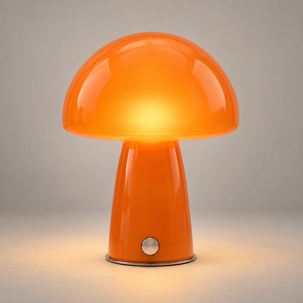tangerine-1 — Lampe Button Tangerine allumée, photo studio sur fond gris