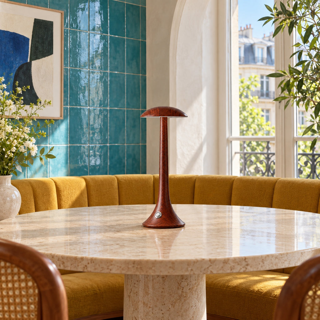 Lampe Morel sur une table ronde en travertin, coin repas aux carreaux verts