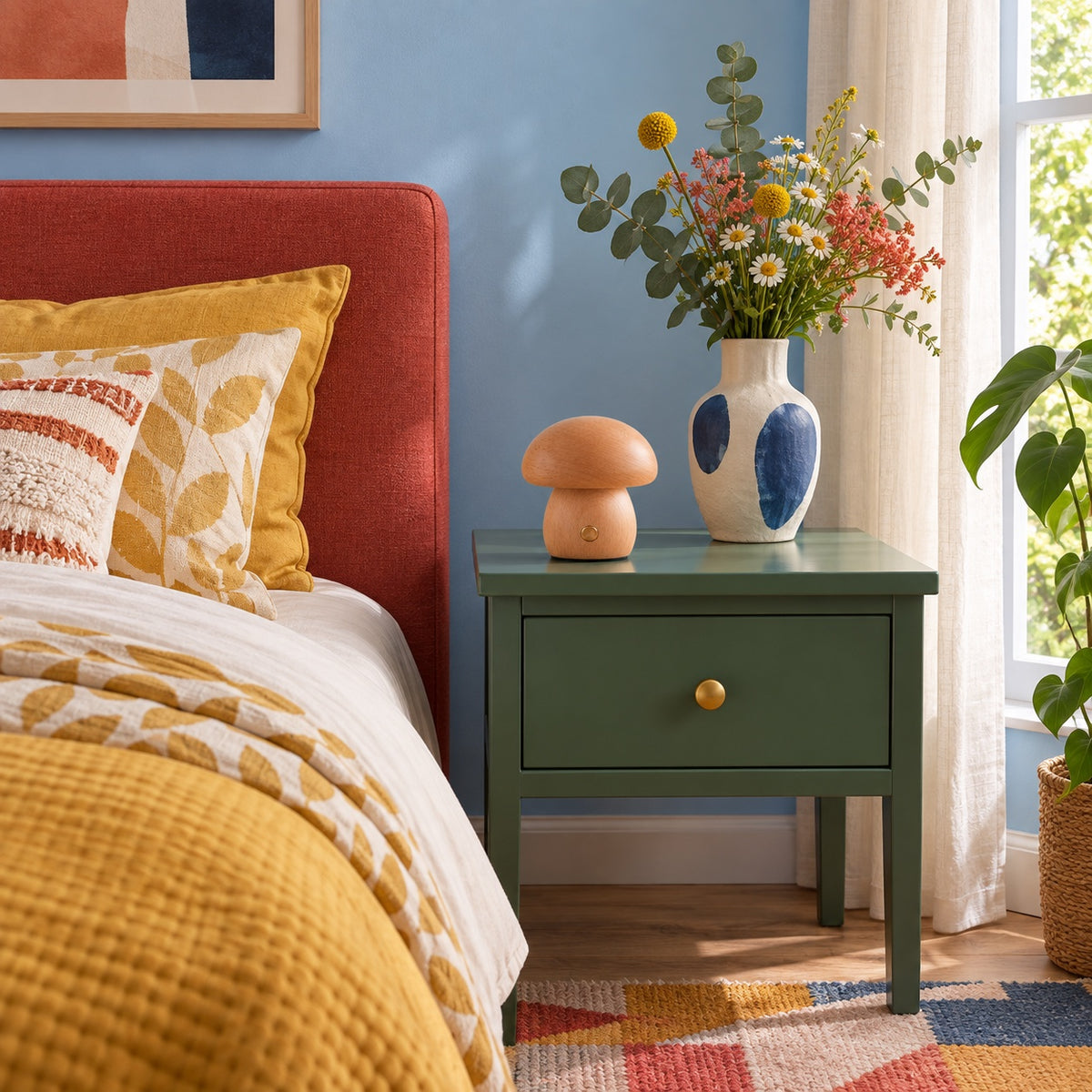 Lampe Lido sur une table de nuit verte, chambre aux murs bleus