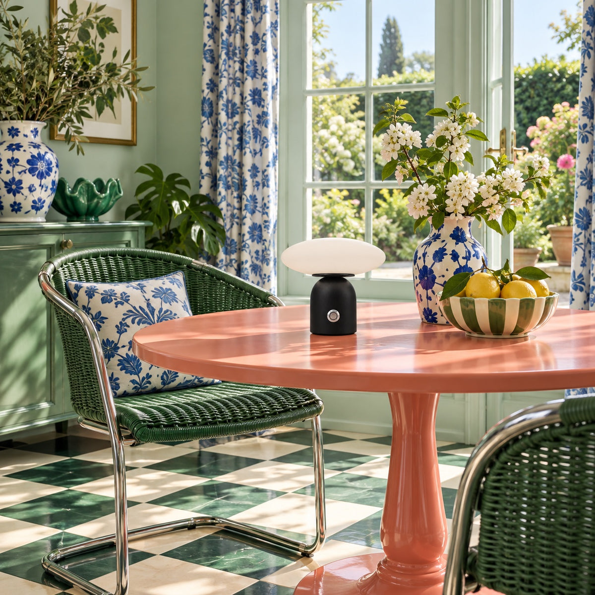 Lampe Pebble sur une table ronde rose, salle à manger verte