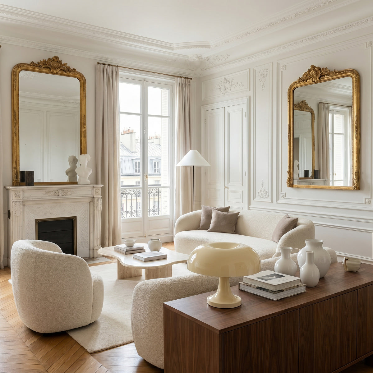 soft-ivory-3 — Lampe Caldera ivoire sur une enfilade dans un salon haussmannien