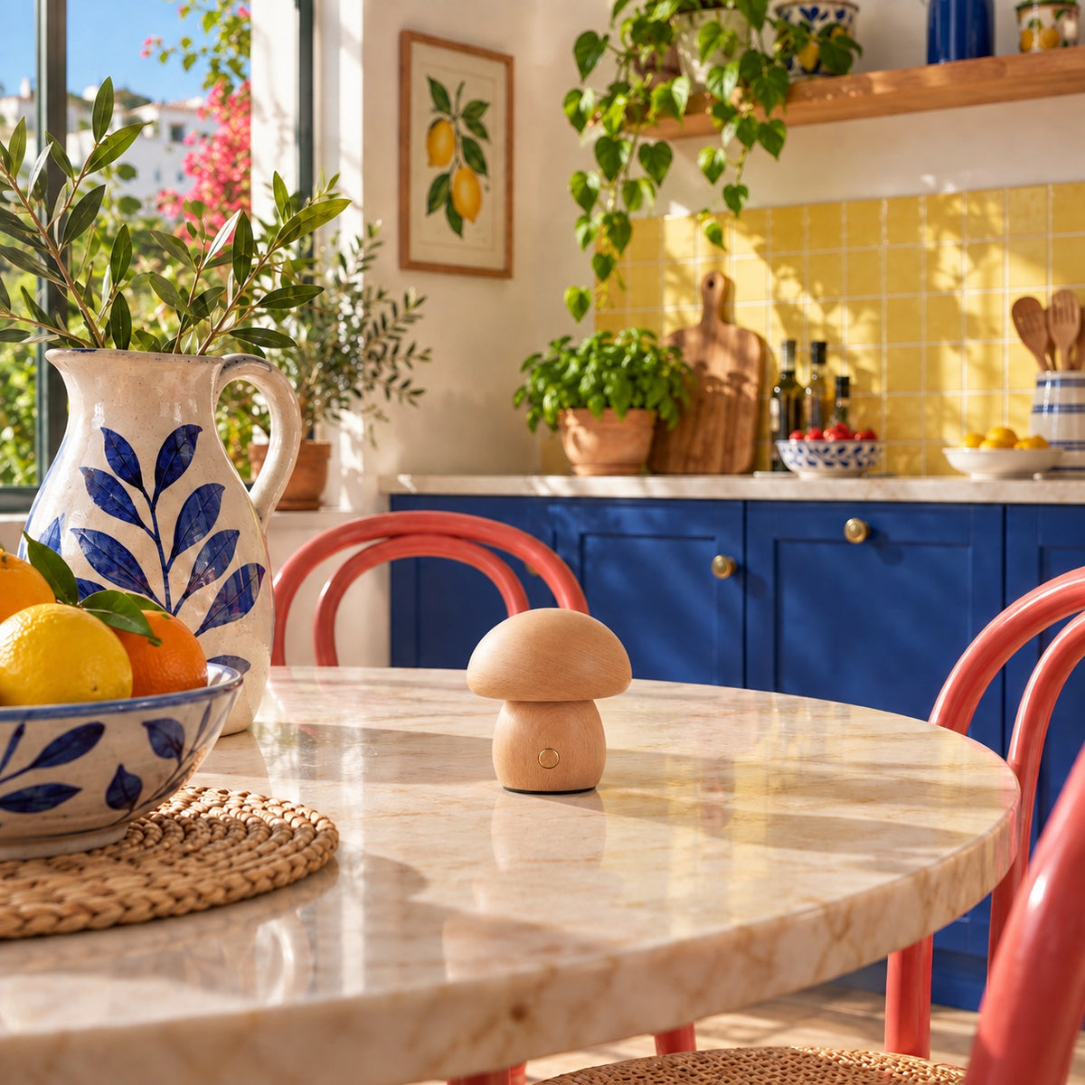 Lampe Lido sur une table en marbre, cuisine aux carreaux jaunes