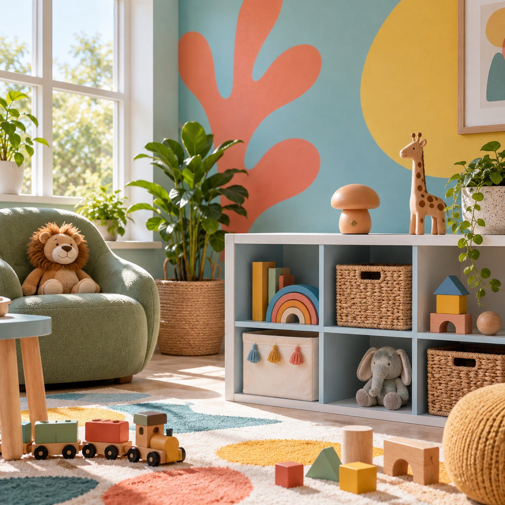 Lampe Lido sur une étagère, chambre d’enfant colorée