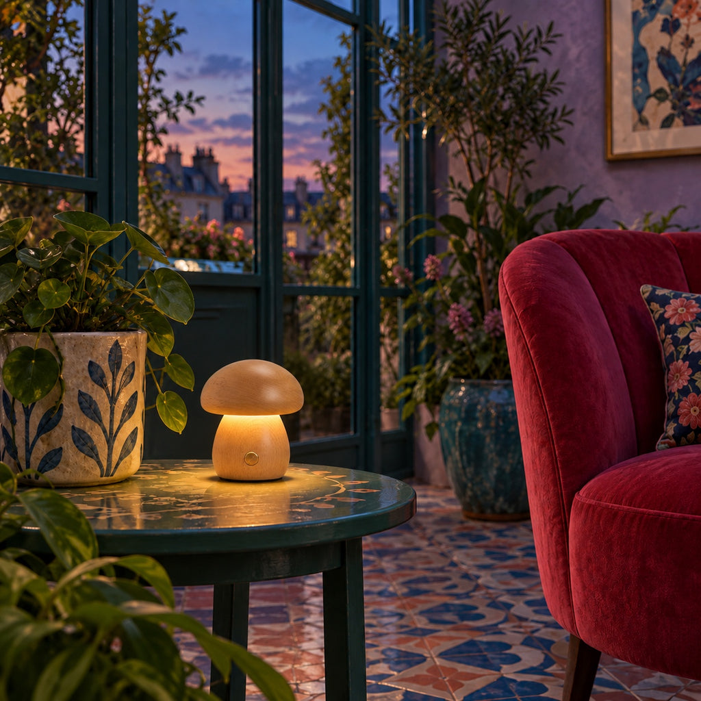 Lampe Lido allumée sur un guéridon, le soir