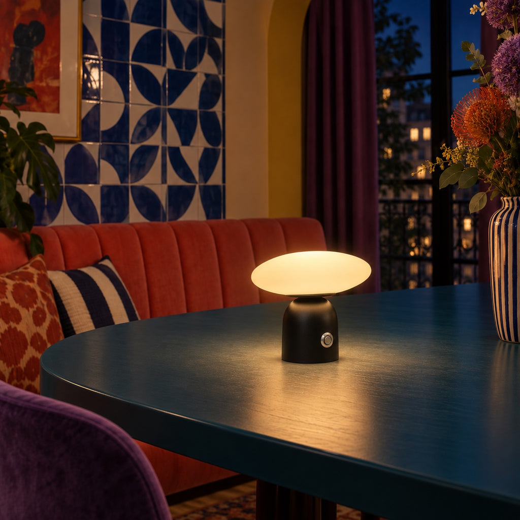 Lampe Pebble allumée sur une table bleu nuit, le soir