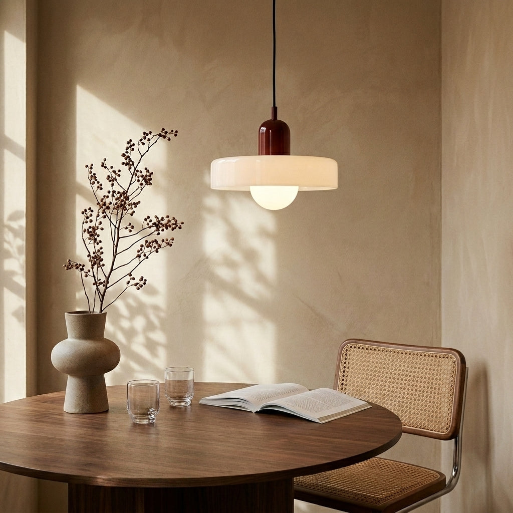 Suspension Strata au-dessus d'une table ronde en bois, chaise cannée et livre ouvert dans la lumière rasante