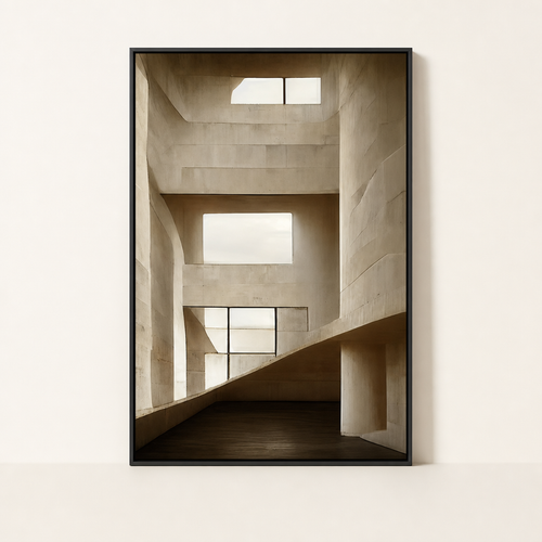 Affiche Cemento encadrée en noir, vue de face : volume brutaliste en béton sous une lumière rasante