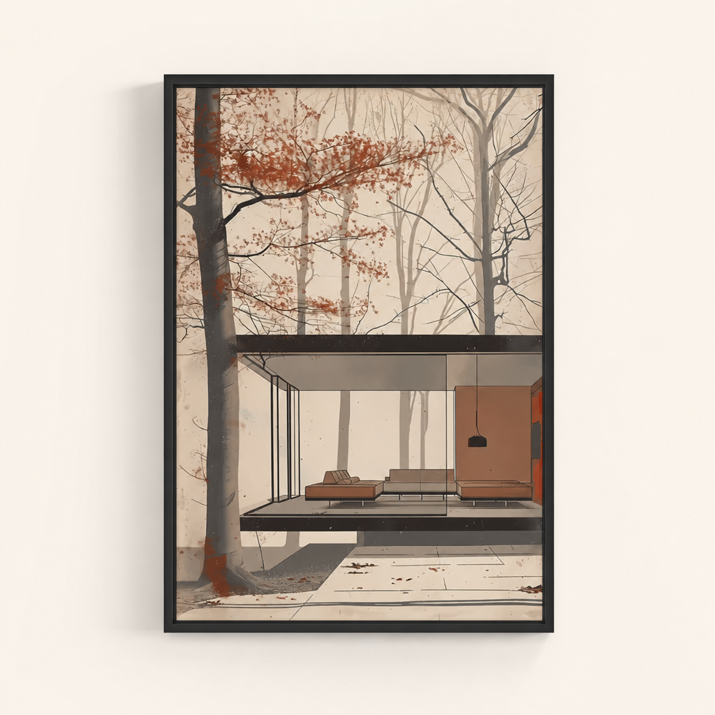 Affiche Selva encadrée en noir, vue de face : maison de bois et de verre parmi les arbres d'automne