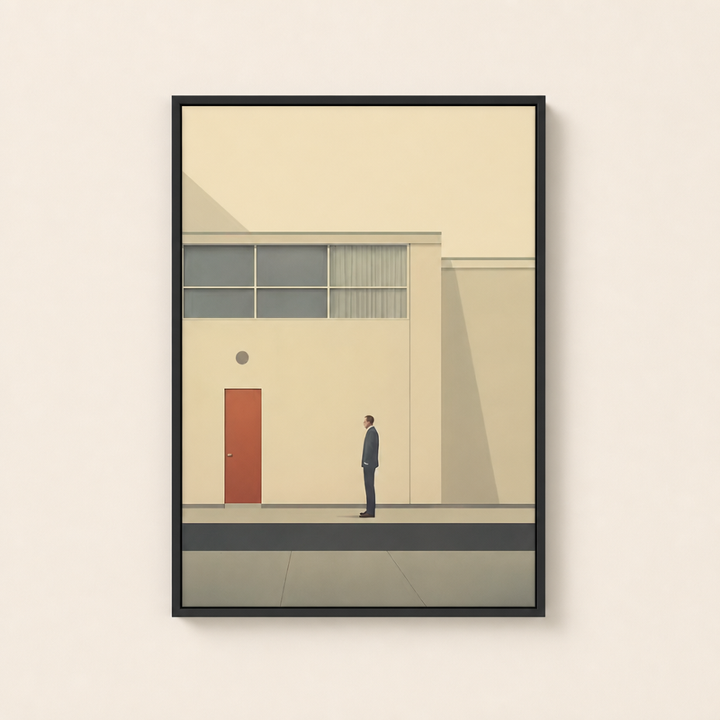 Affiche Navata encadrée en noir, vue de face : façade épurée et silhouette solitaire