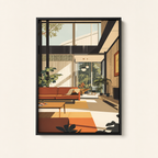 Affiche Ambra encadrée en noir, vue de face : intérieur mid-century orange à l'heure dorée