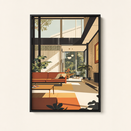 Affiche Ambra encadrée en noir, vue de face : intérieur mid-century orange à l'heure dorée