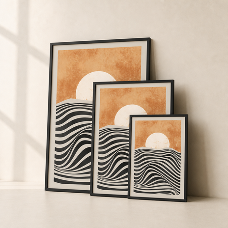 Affiche Tramonto encadrée en noir, vue de face : disque pâle au-dessus d'un paysage d'ondes noires, ciel terracotta