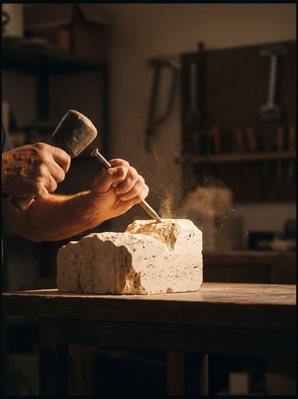 Mains d’artisan sculptant un bloc de travertin au ciseau
