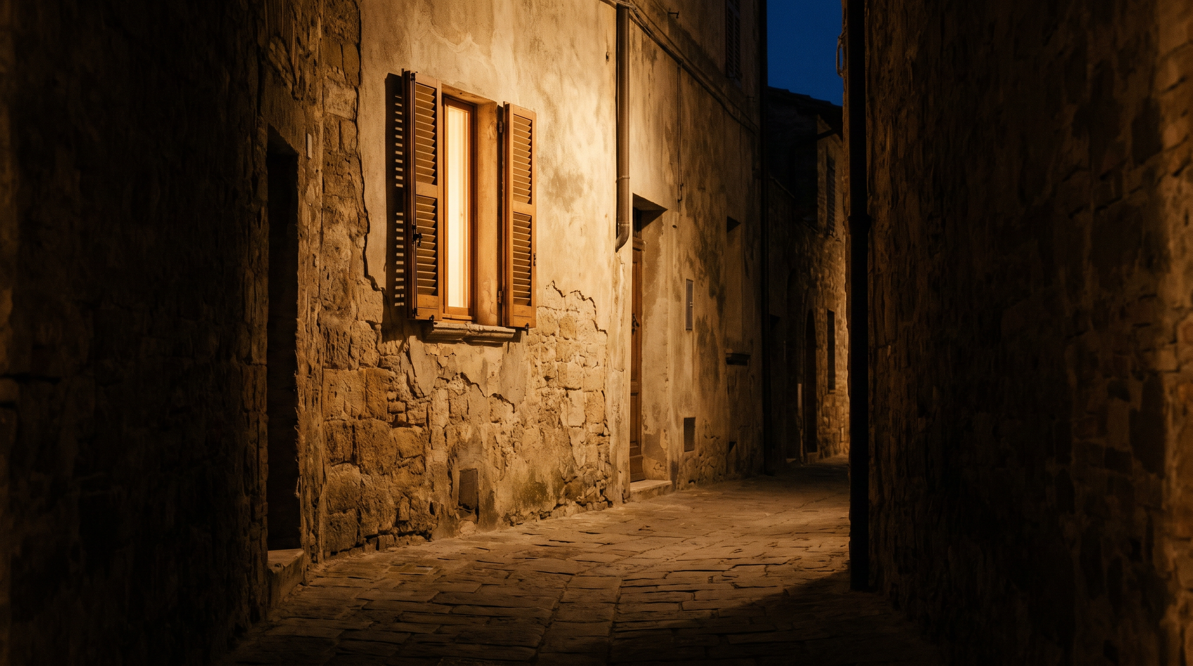 Ruelle italienne à la nuit tombée, une seule fenêtre éclairée d’une lumière chaude