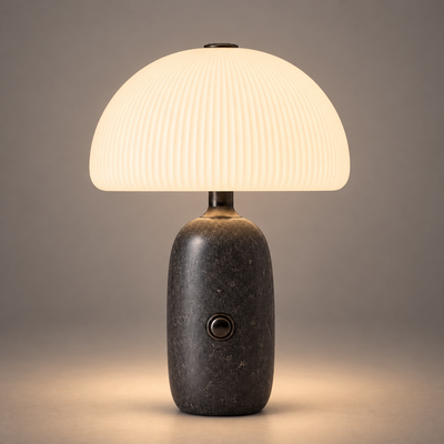obsidian-1 — Lampe Carrara Obsidian allumée, photo studio sur fond gris