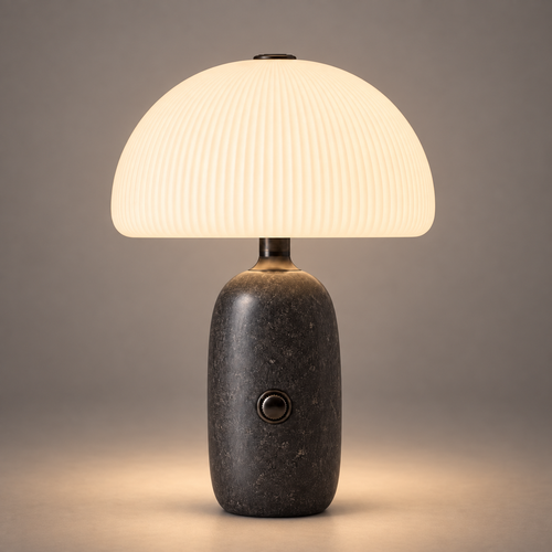 obsidian-1 — Lampe Carrara Obsidian allumée, photo studio sur fond gris