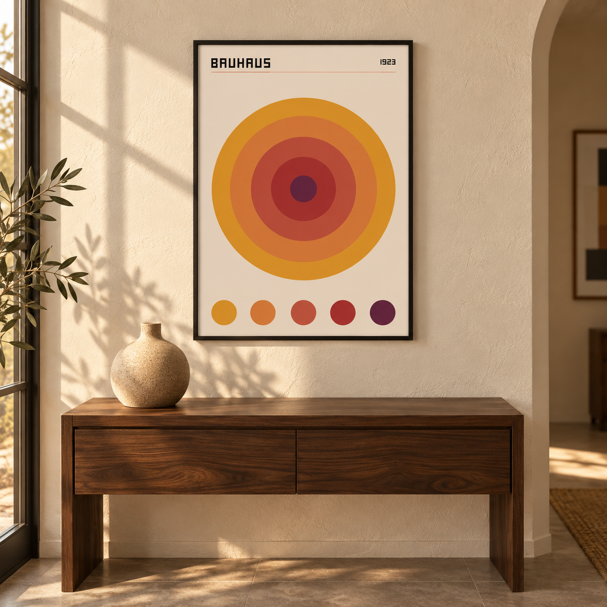 Affiche Halo Bauhaus encadrée en noir dans une entrée lumineuse