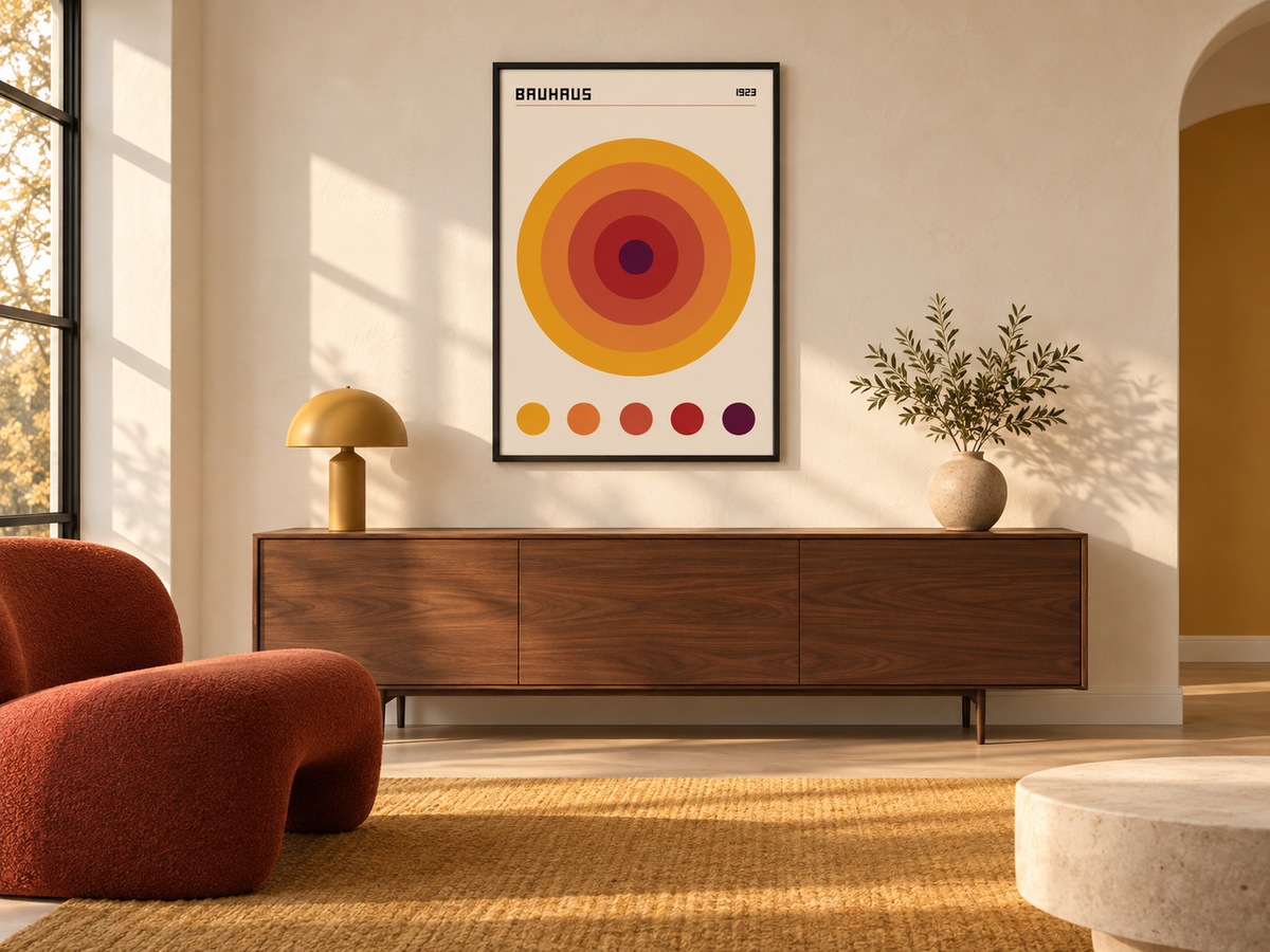 Affiche Halo Bauhaus encadrée en noir dans un salon contemporain
