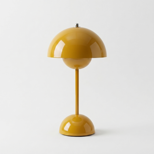 Lampe Aurora sans fil, dôme et pied laqués jaune safran, silhouette de fleur renversée