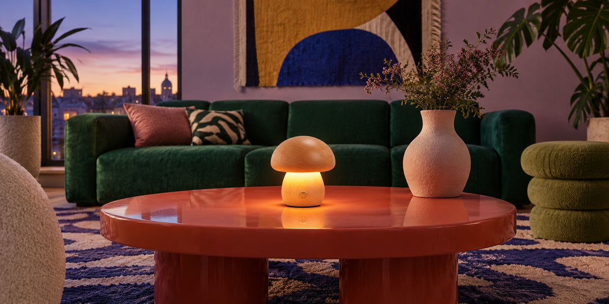 Lampe Lido allumée sur une table basse rouge, salon le soir