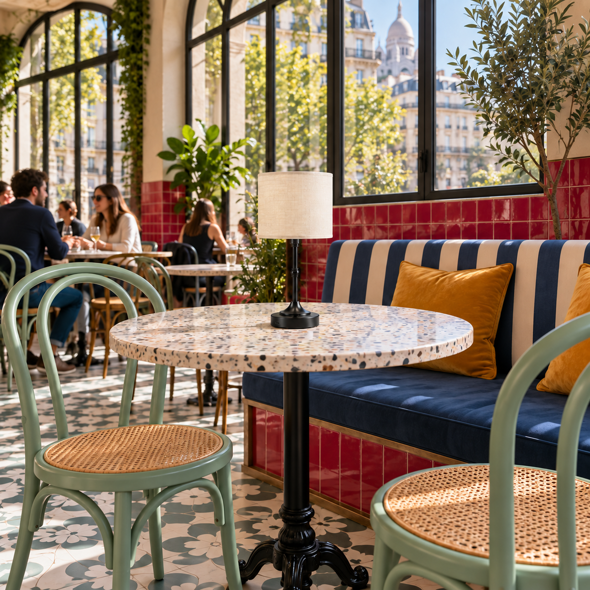 obsidian-4 — Lampe Mayfair noire sur une table ronde de bistrot parisien