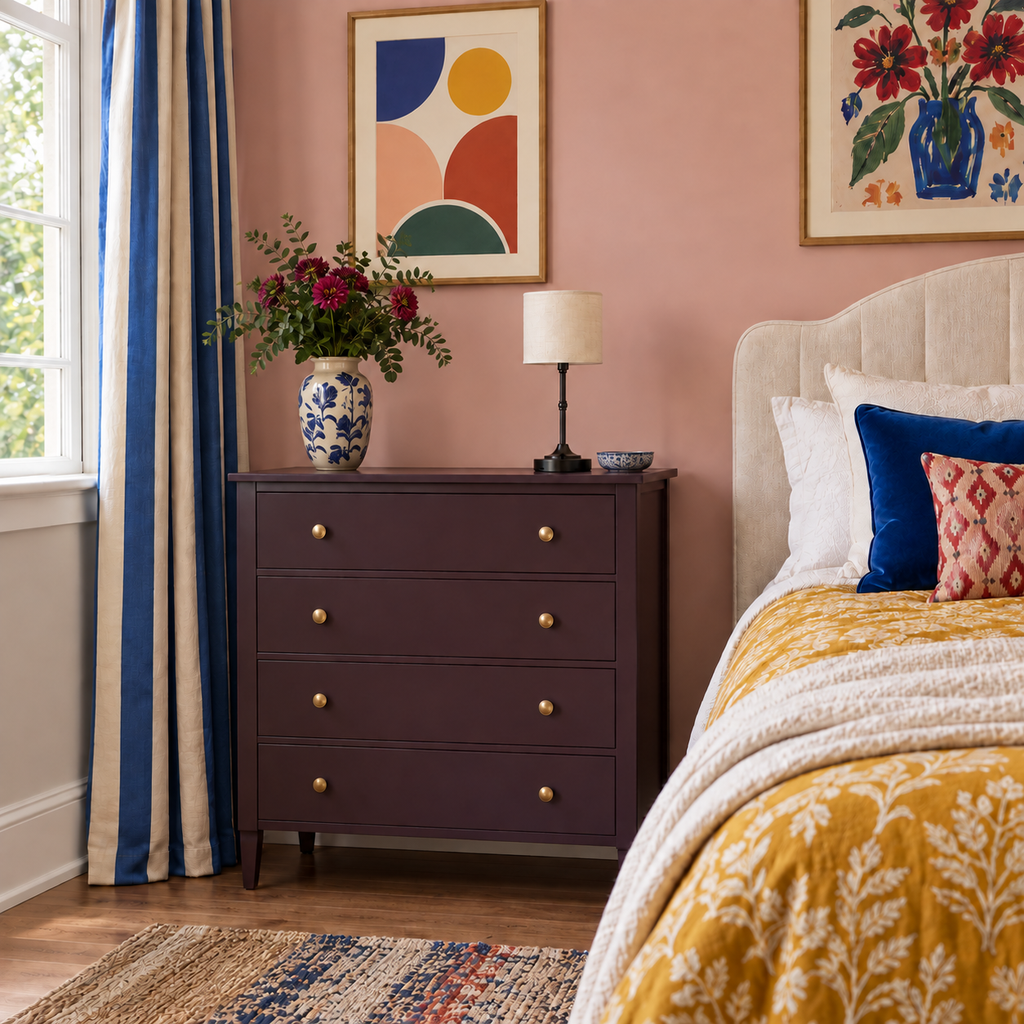 obsidian-3 — Lampe Mayfair noire sur une commode prune, chambre aux murs roses