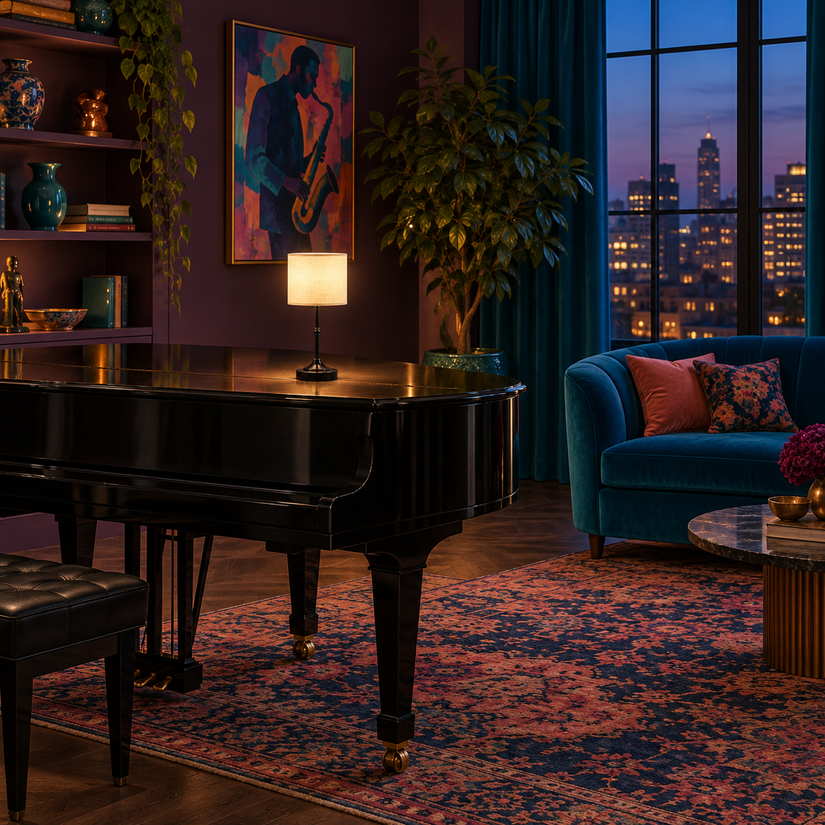obsidian-5 — Lampe Mayfair noire allumée sur un piano à queue, salon le soir