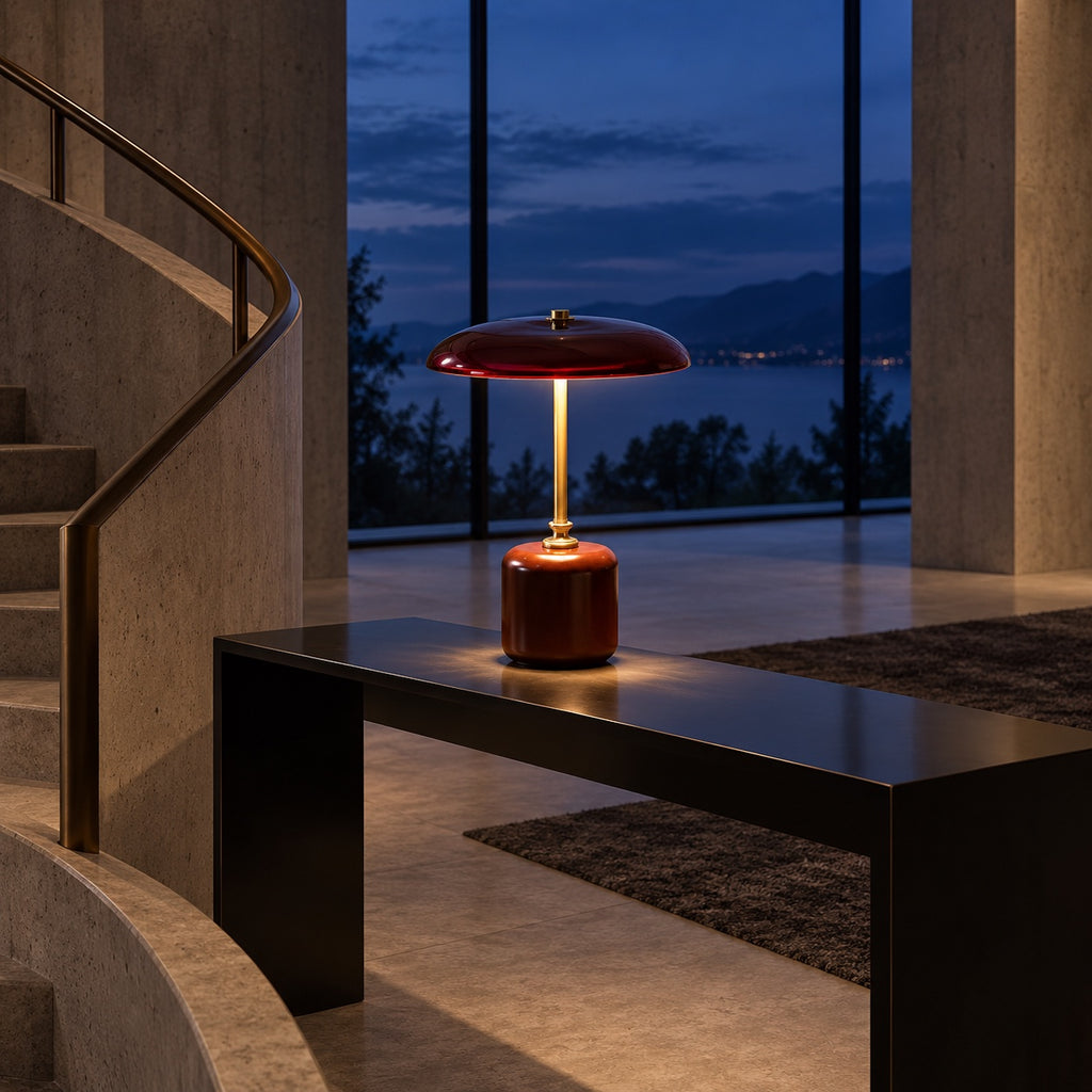 Lampe Merlot allumée sur une console, le soir face à la mer
