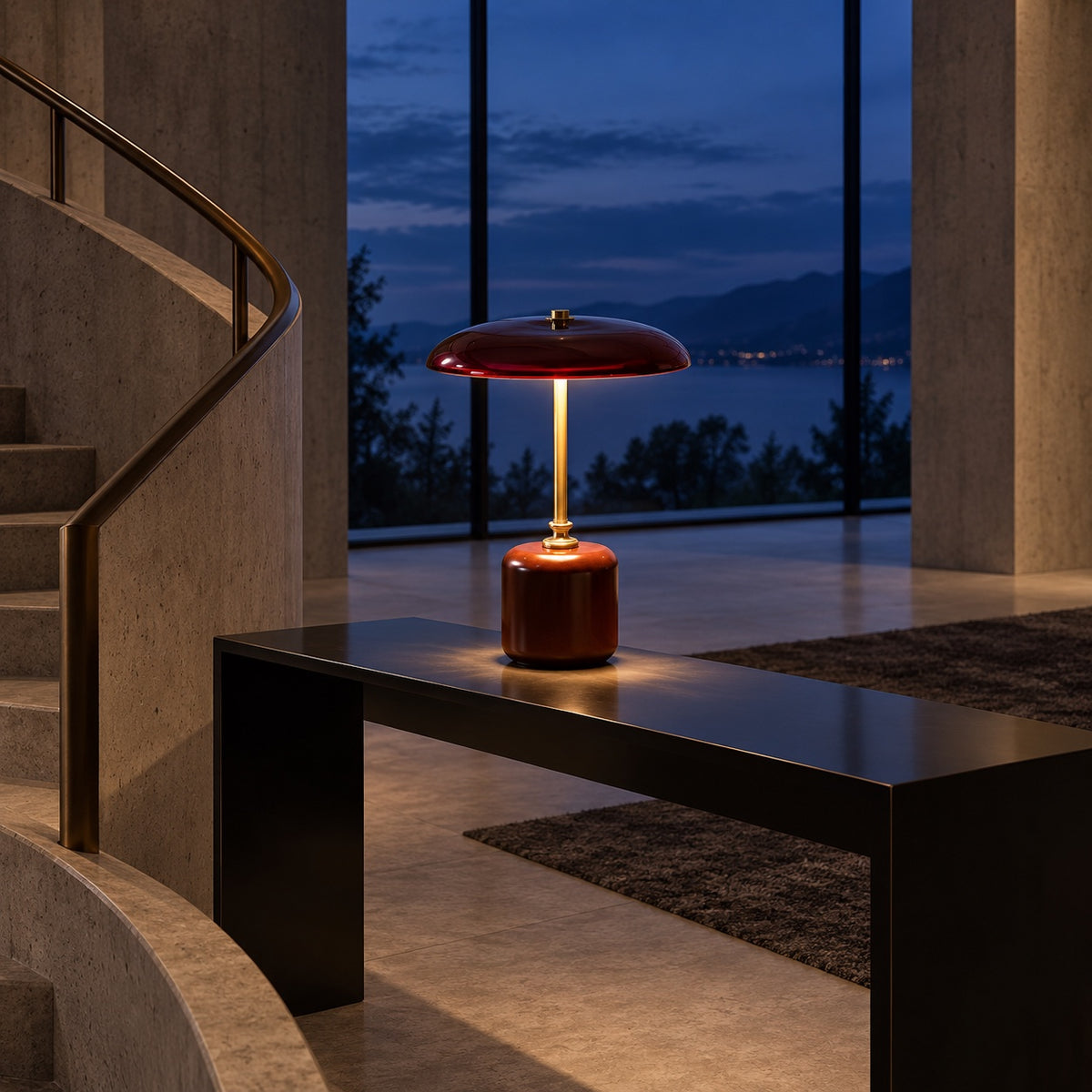 Lampe Merlot allumée sur une console, le soir face à la mer
